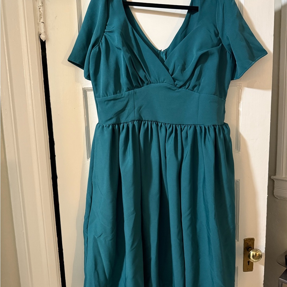 Unique Vintage Green and Blue Fit and Flare Midi Dress with Flutter Sleeves